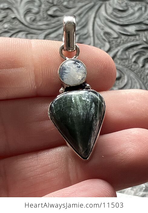 Rainbow Moonstone and Green Seraphinite Stone Jewelry Crystal Pendant - #EwybDTmC32g-2