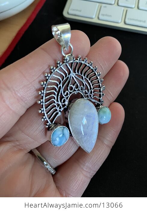 Rainbow Moonstone and Larimar Pendant Stone Crystal Jewelry - #JHhtE3dRbCA-12