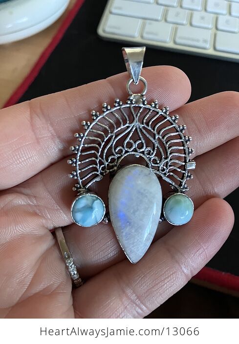 Rainbow Moonstone and Larimar Pendant Stone Crystal Jewelry - #JHhtE3dRbCA-1