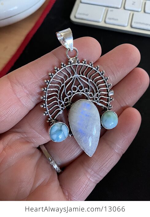 Rainbow Moonstone and Larimar Pendant Stone Crystal Jewelry - #JHhtE3dRbCA-13