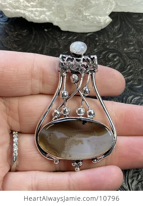 Rainbow Moonstone and Montana Dendritic Agate Gemstone Jewelry Crystal Fidget Pendant - #45F6oOeE83w-3