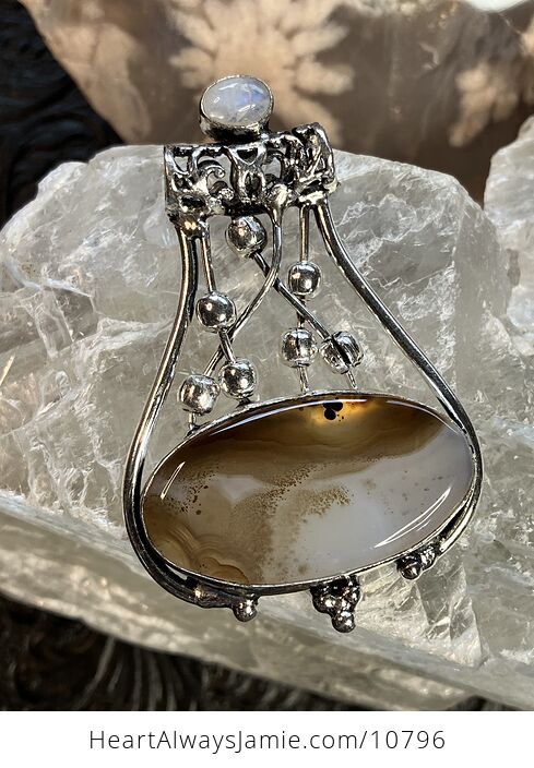 Rainbow Moonstone and Montana Dendritic Agate Gemstone Jewelry Crystal Fidget Pendant - #45F6oOeE83w-1