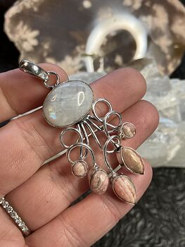 Rainbow Moonstone and Rhodochrosite Gemstone Crystal Jewelry Swirl Pendant #CpcWFmddzYY