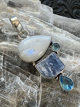 Rainbow Moonstone Blue Gem and Kyanite Gemstone Crystal Jewelry Pendant #NVcPuadIx2M