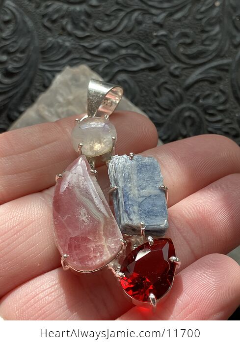 Rainbow Moonstone Blue Kyanite Faceted Garnet and Rhodochrosite Stone Crystal Jewelry Pendant - #kyK90Sys5Hs-3