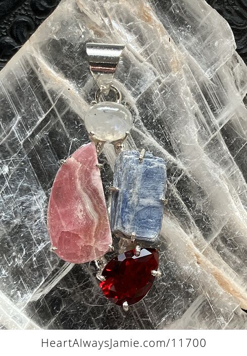 Rainbow Moonstone Blue Kyanite Faceted Garnet and Rhodochrosite Stone Crystal Jewelry Pendant - #kyK90Sys5Hs-1