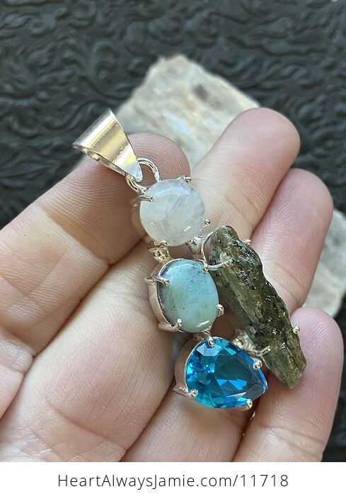 Rainbow Moonstone Green Kyanite Faceted Blue Topaz and Larimar Stone Crystal Jewelry Pendant - #RYiOhG23QUw-4
