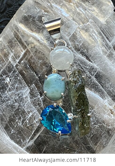 Rainbow Moonstone Green Kyanite Faceted Blue Topaz and Larimar Stone Crystal Jewelry Pendant - #RYiOhG23QUw-1