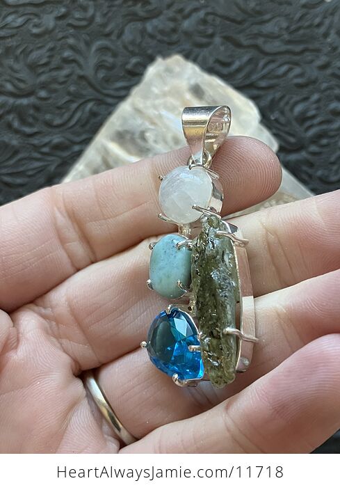 Rainbow Moonstone Green Kyanite Faceted Blue Topaz and Larimar Stone Crystal Jewelry Pendant - #RYiOhG23QUw-5