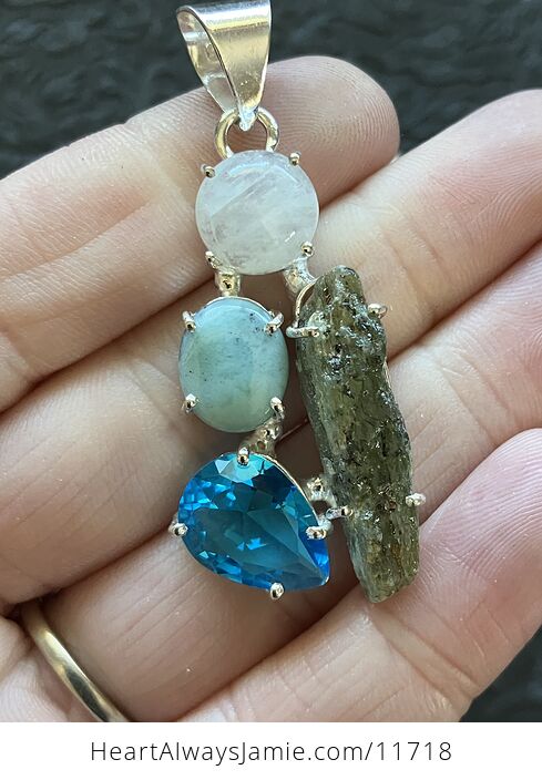 Rainbow Moonstone Green Kyanite Faceted Blue Topaz and Larimar Stone Crystal Jewelry Pendant - #RYiOhG23QUw-7