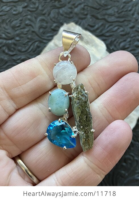 Rainbow Moonstone Green Kyanite Faceted Blue Topaz and Larimar Stone Crystal Jewelry Pendant - #RYiOhG23QUw-3