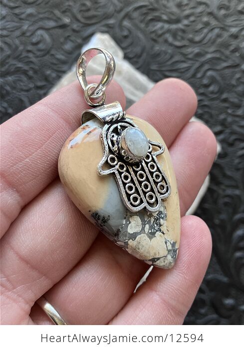 Rainbow Moonstone Hamsa Hand and Maligano Jasper Crystal Stone Jewelry Pendant - #iC2S0wPnBe0-4