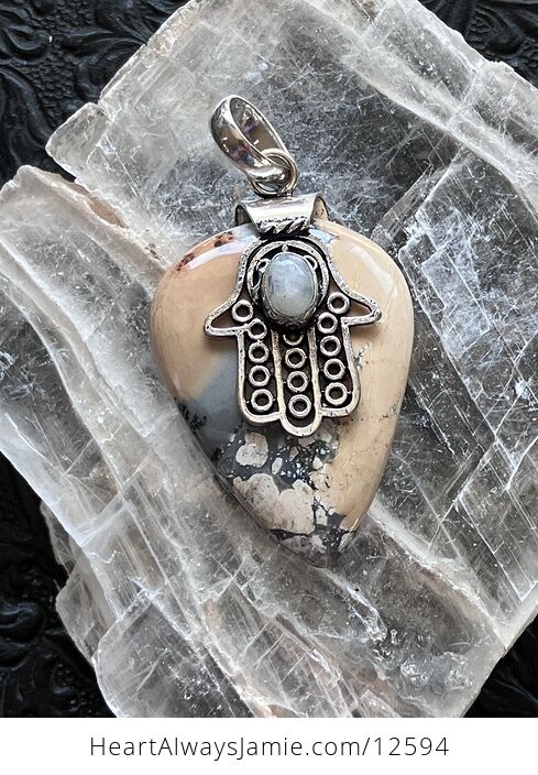 Rainbow Moonstone Hamsa Hand and Maligano Jasper Crystal Stone Jewelry Pendant - #iC2S0wPnBe0-2