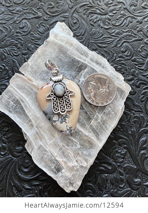 Rainbow Moonstone Hamsa Hand and Maligano Jasper Crystal Stone Jewelry Pendant - #iC2S0wPnBe0-3