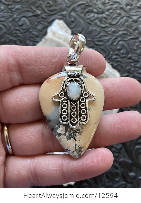 Rainbow Moonstone Hamsa Hand and Maligano Jasper Crystal Stone Jewelry Pendant - #iC2S0wPnBe0-1