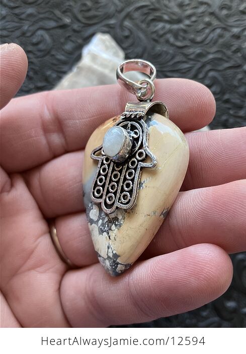 Rainbow Moonstone Hamsa Hand and Maligano Jasper Crystal Stone Jewelry Pendant - #iC2S0wPnBe0-5