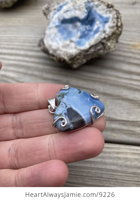 Rare Moss Agate and Owyhee Oregon Blue Opal Heart Pendant - #h6Q0JCmf7P0-4