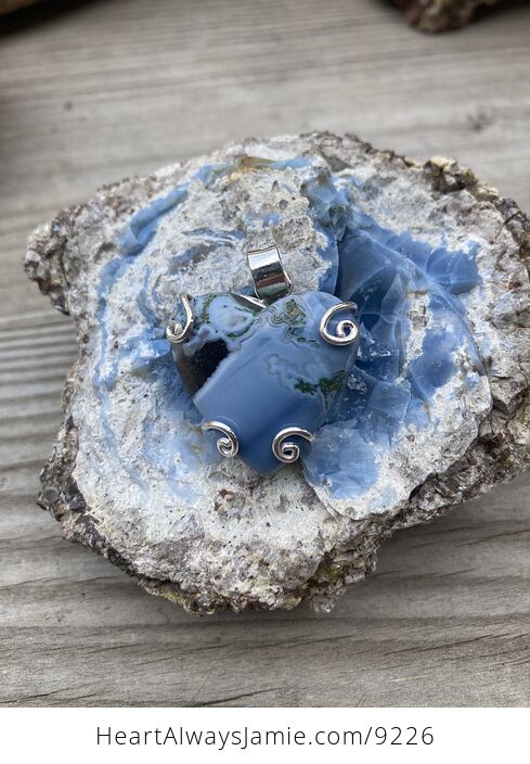 Rare Moss Agate and Owyhee Oregon Blue Opal Heart Pendant - #h6Q0JCmf7P0-1