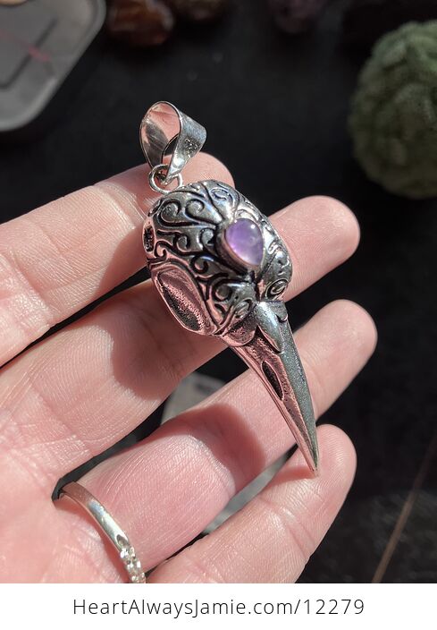 Raven Skull and Purple Amethyst Stone Crystal Pendant Jewelry - #sUMsQhd4oCM-1