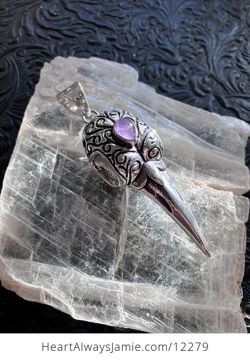 Raven Skull and Purple Amethyst Stone Crystal Pendant Jewelry - #sUMsQhd4oCM-6