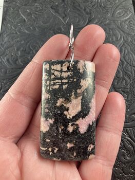 Rectangle Shaped Pink and Black Rhodonite Stone Jewelry Pendant Crystal Ornament #IZAx3C3Zsl0