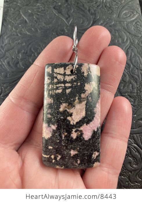 Rectangle Shaped Pink and Black Rhodonite Stone Jewelry Pendant Crystal Ornament - #IZAx3C3Zsl0-1