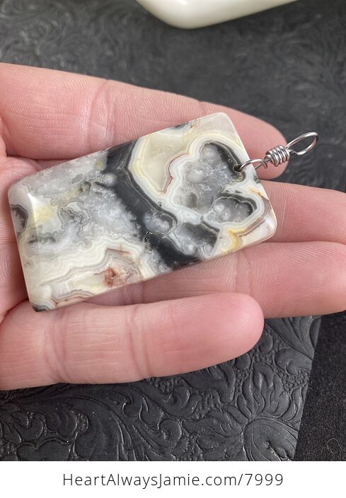 Rectangular Natural Gray Black and Yellow Crazy Lace Agate Stone Jewelry Pendant - #9ZCOMkL8wnI-2