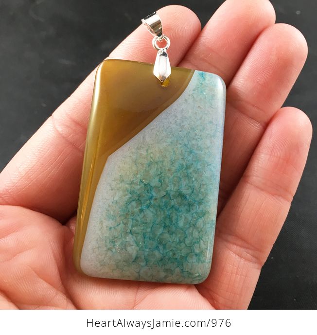 Rectangular Yellow and Tan and Blue and Green Druzy Stone Agate Pendant - #INIeA4f8fe0-1