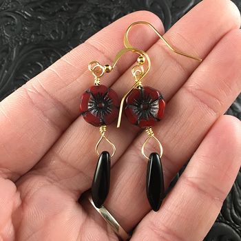 Red and Black Glass Hawaiian Flower and Black Dagger Earrings with Gold Wire #HumF8jOUJzk