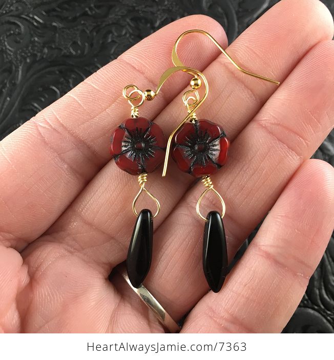 Red and Black Glass Hawaiian Flower and Black Dagger Earrings with Gold Wire - #HumF8jOUJzk-1