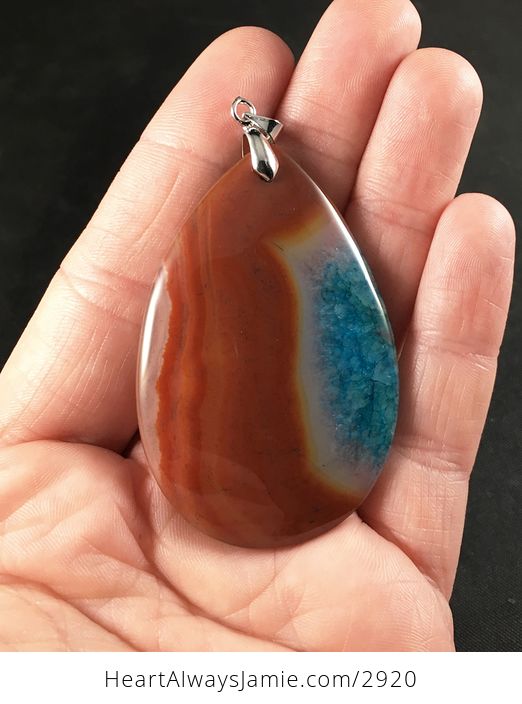 Red and Orange and Brown and Blue Druzy Agate Stone Pendant - #9aBFfBTebXA-1