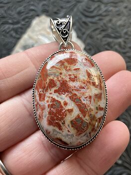 Red and White Brecciated Jasper with Pyrite Stone Jewelry Crystal Pendant #L63wR91TZ9c