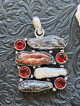 Red Black and White Cultured Biwa Pearls and Garnet Crystal Stone Pendant #Gw9WMb5Ou6I