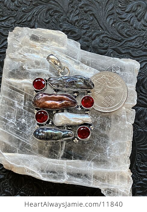Red Black and White Cultured Biwa Pearls and Garnet Crystal Stone Pendant - #Gw9WMb5Ou6I-6