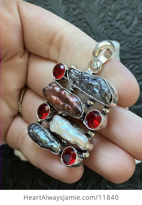 Red Black and White Cultured Biwa Pearls and Garnet Crystal Stone Pendant - #Gw9WMb5Ou6I-4