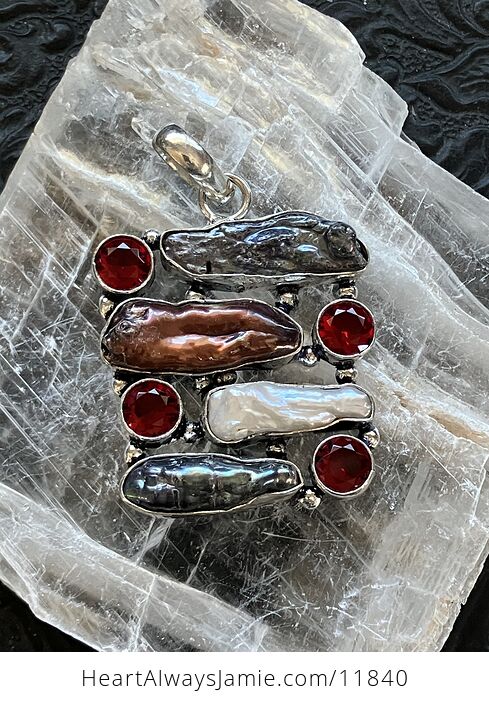 Red Black and White Cultured Biwa Pearls and Garnet Crystal Stone Pendant - #Gw9WMb5Ou6I-7