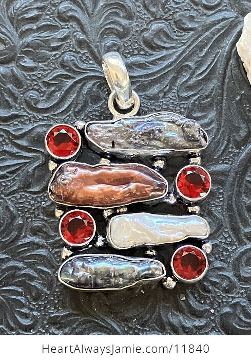 Red Black and White Cultured Biwa Pearls and Garnet Crystal Stone Pendant - #Gw9WMb5Ou6I-1