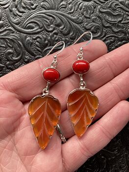 Red Coral and Carved Leaf Carnelian Stone Jewelry Earrings #JtyxaF55Fgs