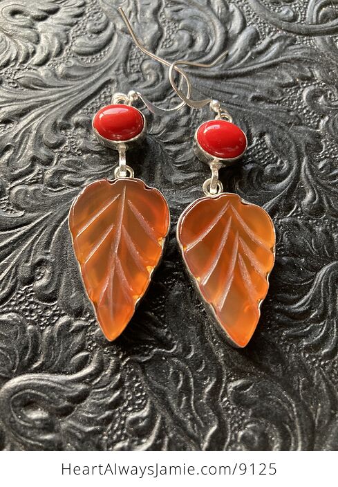 Red Coral and Carved Leaf Carnelian Stone Jewelry Earrings - #JtyxaF55Fgs-5