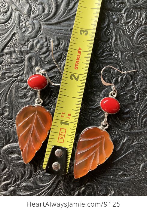 Red Coral and Carved Leaf Carnelian Stone Jewelry Earrings - #JtyxaF55Fgs-6