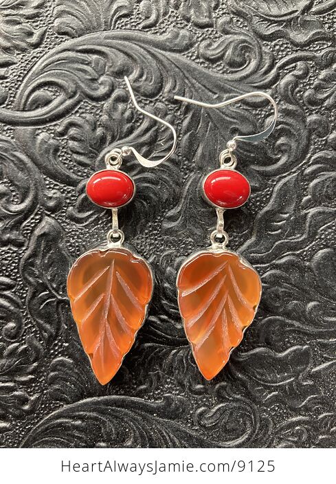 Red Coral and Carved Leaf Carnelian Stone Jewelry Earrings - #JtyxaF55Fgs-3
