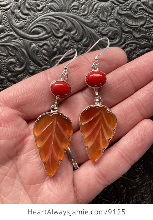 Red Coral and Carved Leaf Carnelian Stone Jewelry Earrings - #JtyxaF55Fgs-1