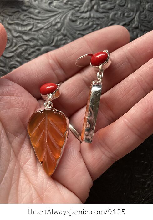 Red Coral and Carved Leaf Carnelian Stone Jewelry Earrings - #JtyxaF55Fgs-4