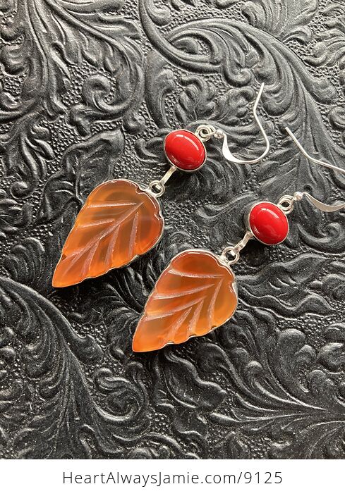 Red Coral and Carved Leaf Carnelian Stone Jewelry Earrings - #JtyxaF55Fgs-2