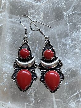 Red Coral Witchy Boho Crescent Moon Lunar Stone Crystal Jewelry Earrings #vxA54FNafHk