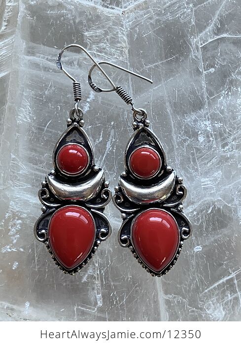 Red Coral Witchy Boho Crescent Moon Lunar Stone Crystal Jewelry Earrings - #vxA54FNafHk-1