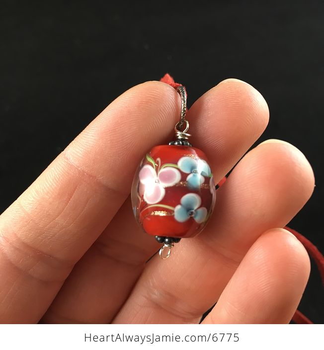 Red Flower Lampwork Glass Jewelry Pendant Necklace - #wJBHbmfV04E-3