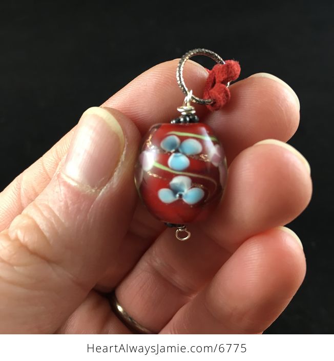 Red Flower Lampwork Glass Jewelry Pendant Necklace - #wJBHbmfV04E-2