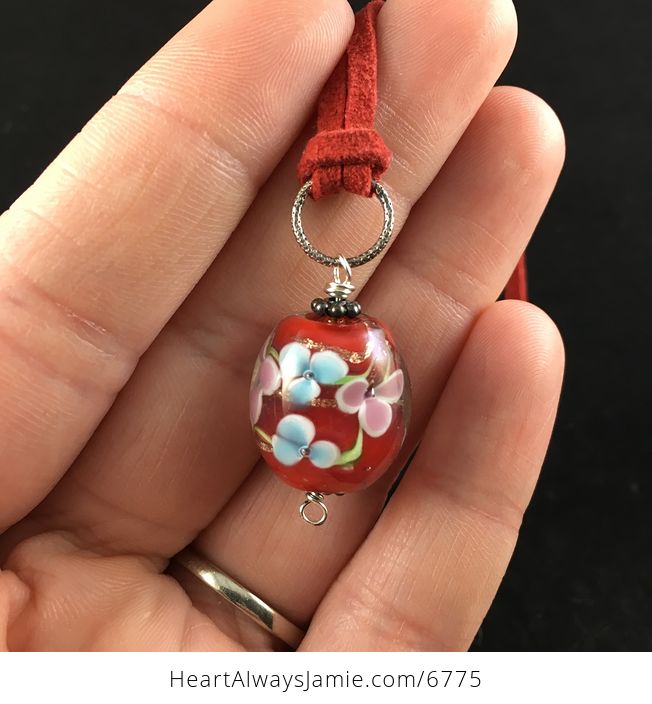 Red Flower Lampwork Glass Jewelry Pendant Necklace - #wJBHbmfV04E-1