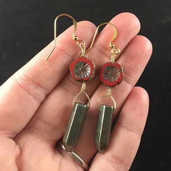 Red Glass Hawaiian Flower and Pyrite Dagger Earrings with Gold Wire #BQnxVP5HTUY